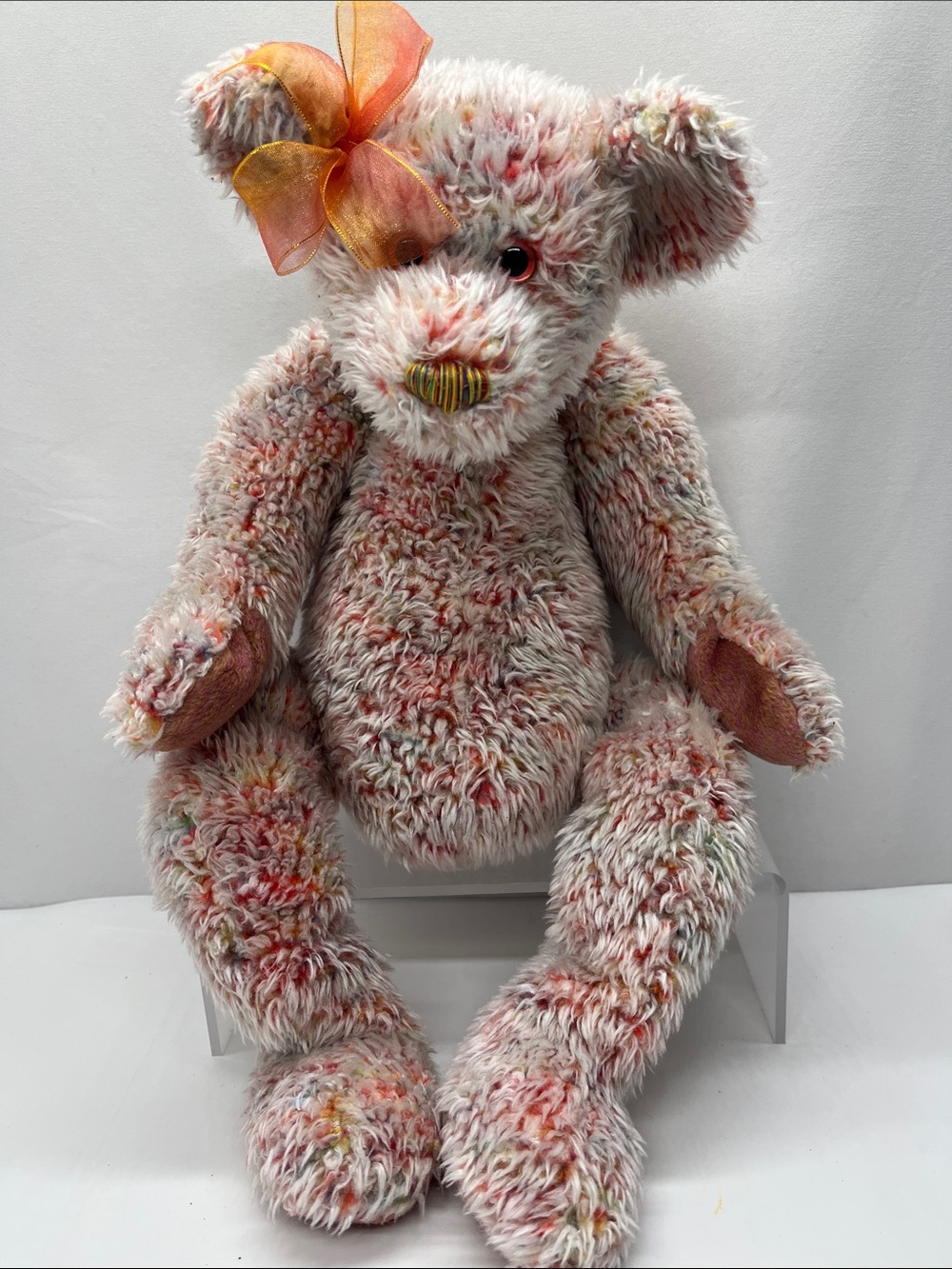 Ty Plush Multicolor Speckled Teddy Bear with Orange Bow - Kids Toy